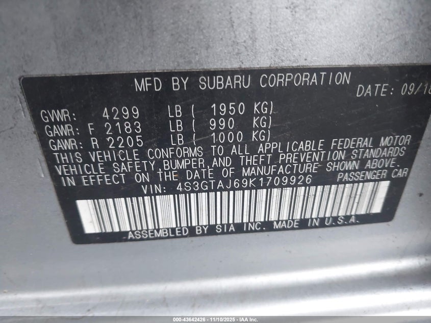 4S3GTAJ69K1709926 2019 SUBARU IMPREZA photo no. 9