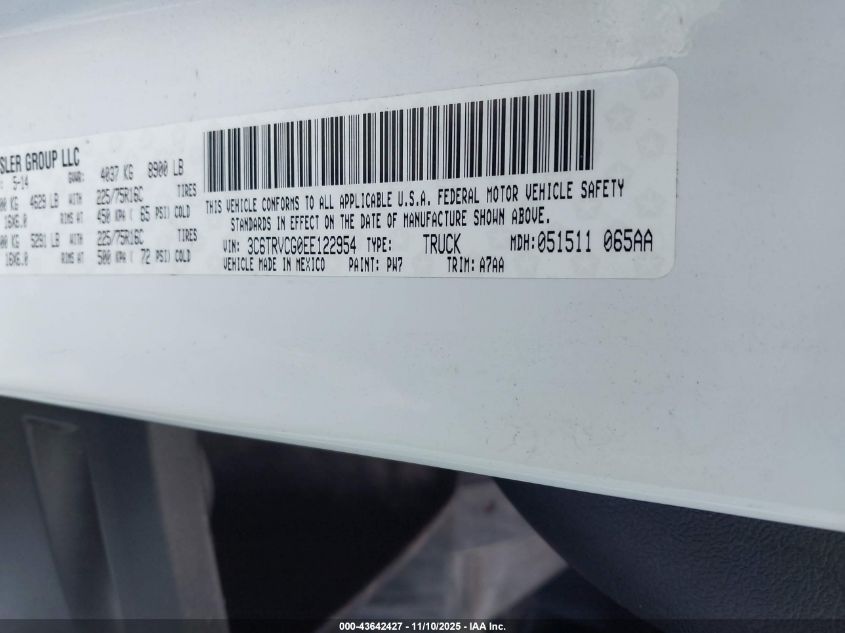 2014 Ram Promaster 2500 High Roof VIN: 3C6TRVCG0EE122954 Lot: 43642427