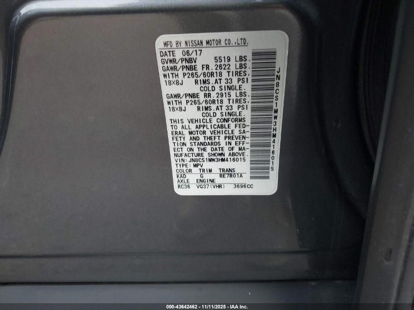 2017 Infiniti Qx70 VIN: JN8CS1MW3HM416015 Lot: 43642462