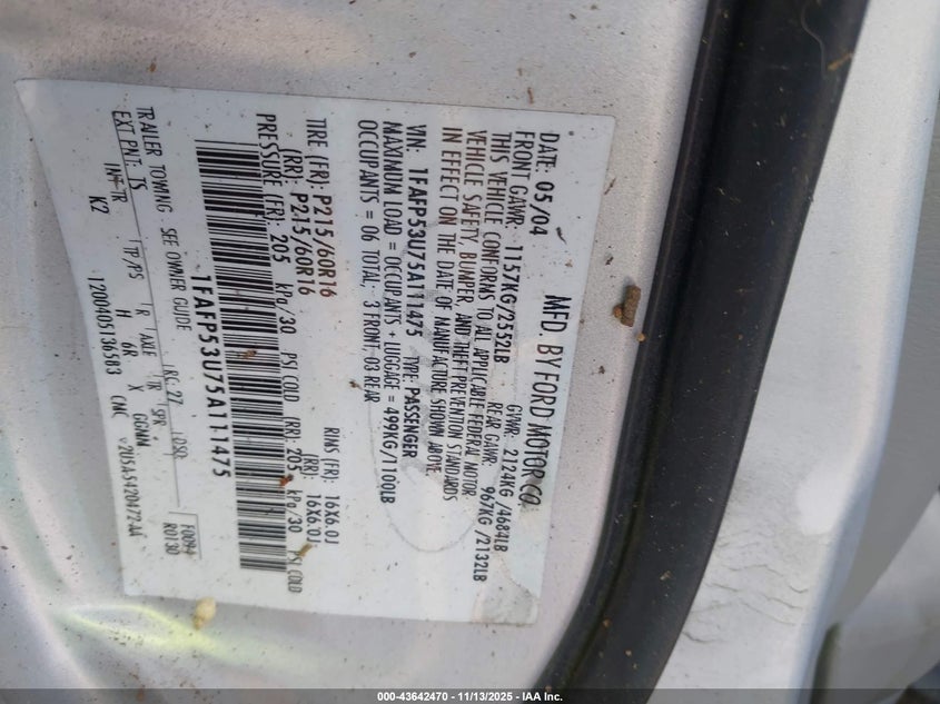 2005 Ford Taurus Se VIN: 1FAFP53U75A111475 Lot: 43642470