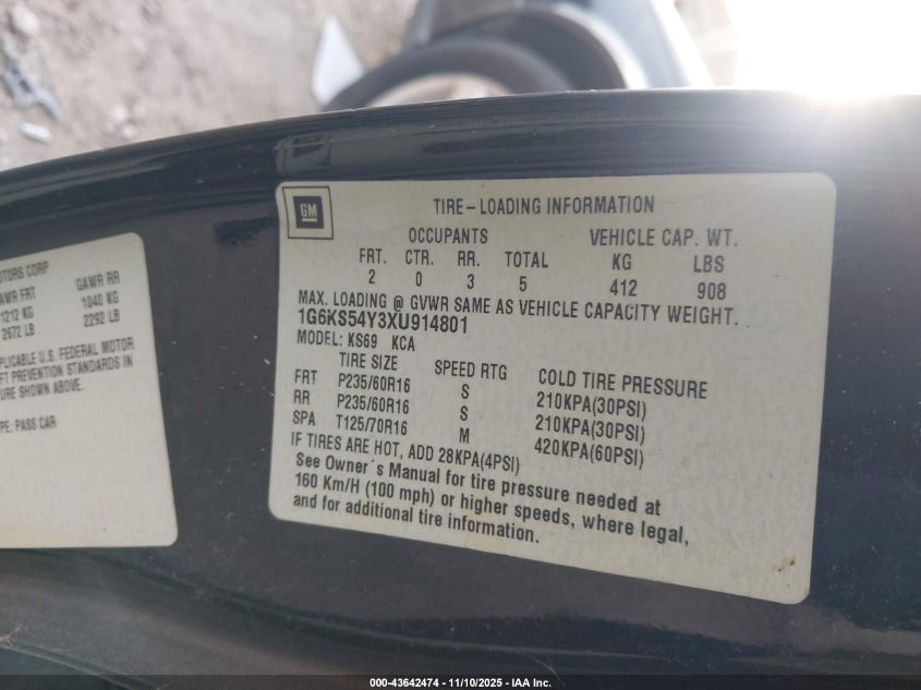 1999 Cadillac Seville Sls VIN: 1G6KS54Y3XU914801 Lot: 43642474