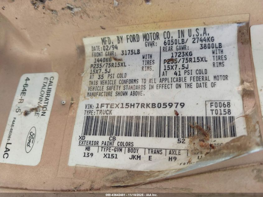1994 Ford F150 VIN: 1FTEX15H7RKB05979 Lot: 43642481