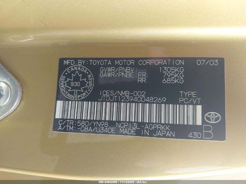 2004 Toyota Echo Ce VIN: JTDJT123940048269 Lot: 43642495