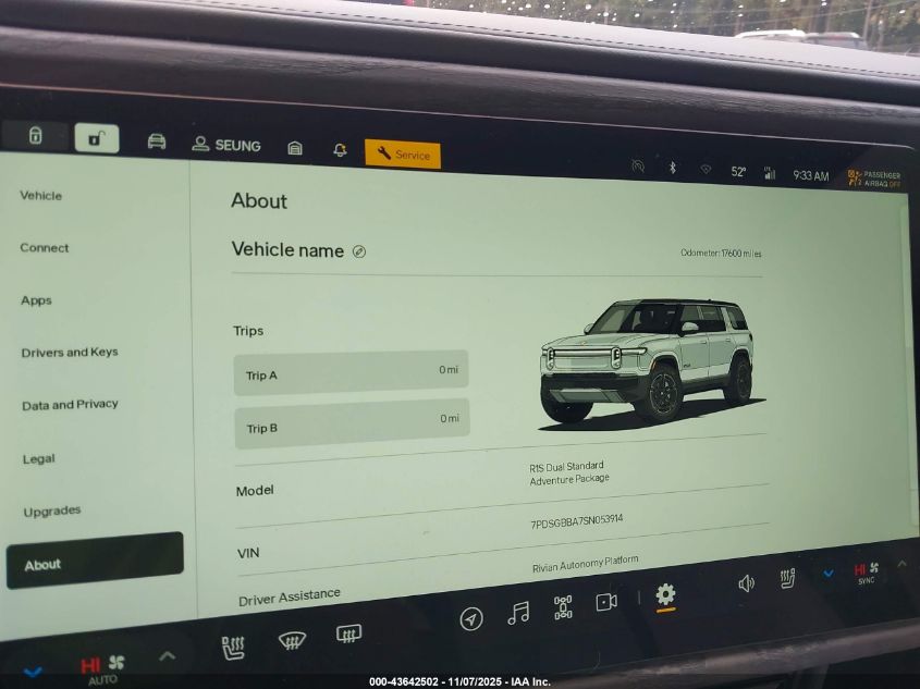 2025 Rivian R1S Adventure Dual Motor Large Pack/Adventure Dual Motor Max Pack VIN: 7PDSGBBA7SN053914 Lot: 43642502