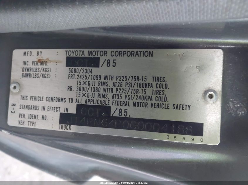 1986 Toyota Pickup Rn64 Dlx VIN: JT4RN64P0G0004188 Lot: 43642503