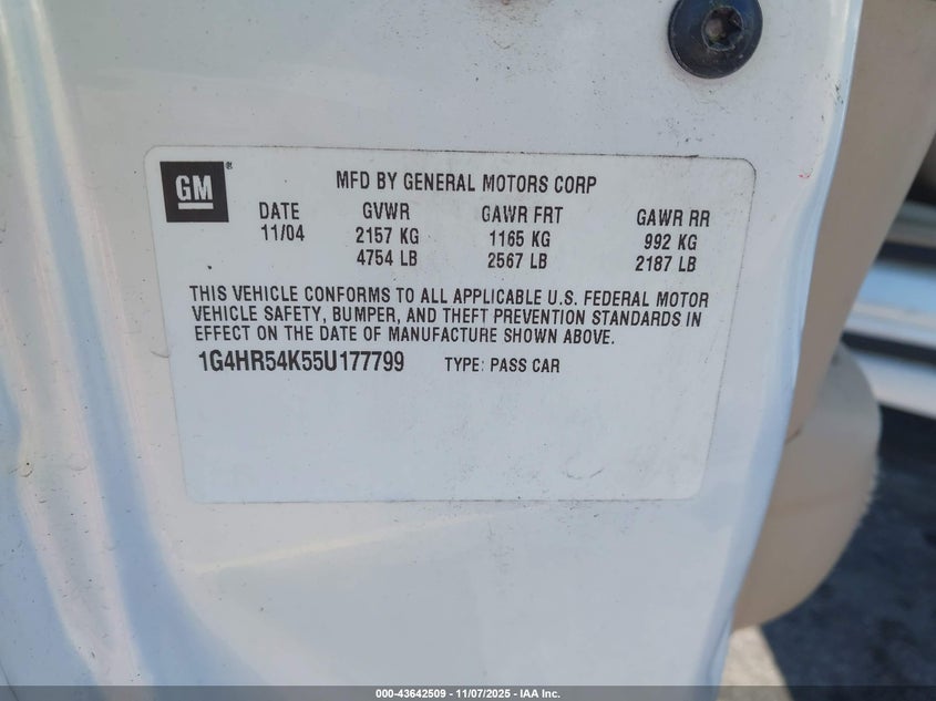 2005 Buick Lesabre Limited VIN: 1G4HR54K55U177799 Lot: 43642509