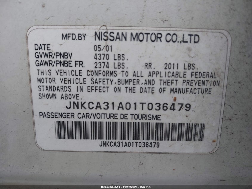 2001 Infiniti I30 Touring VIN: JNKCA31A01T036479 Lot: 43642511