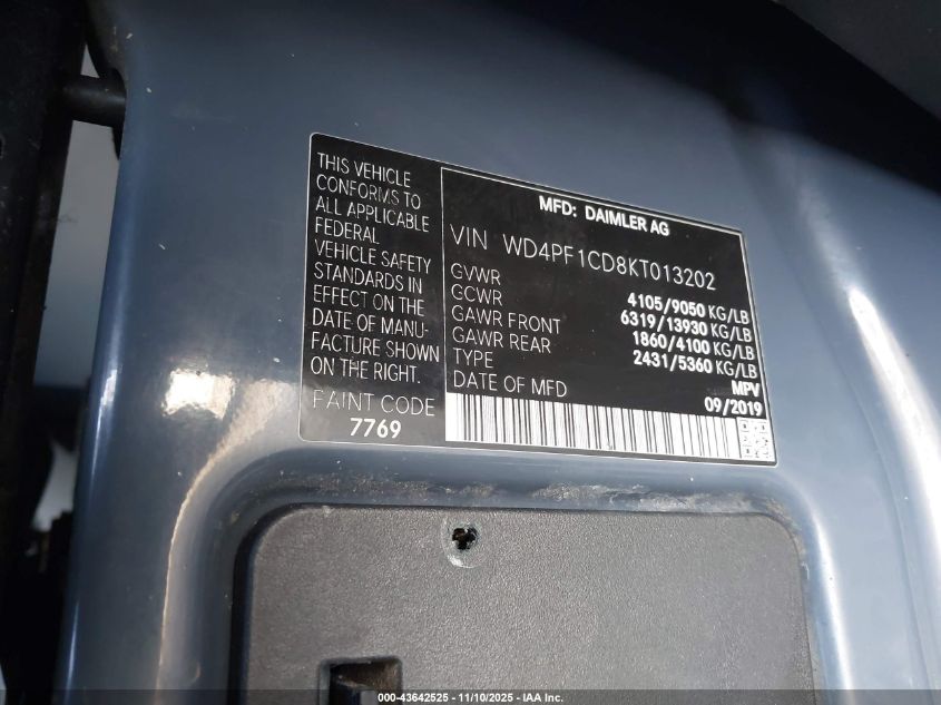 2019 Mercedes-Benz Sprinter 2500 High Roof V6 VIN: WD4PF1CD8KT013202 Lot: 43642525