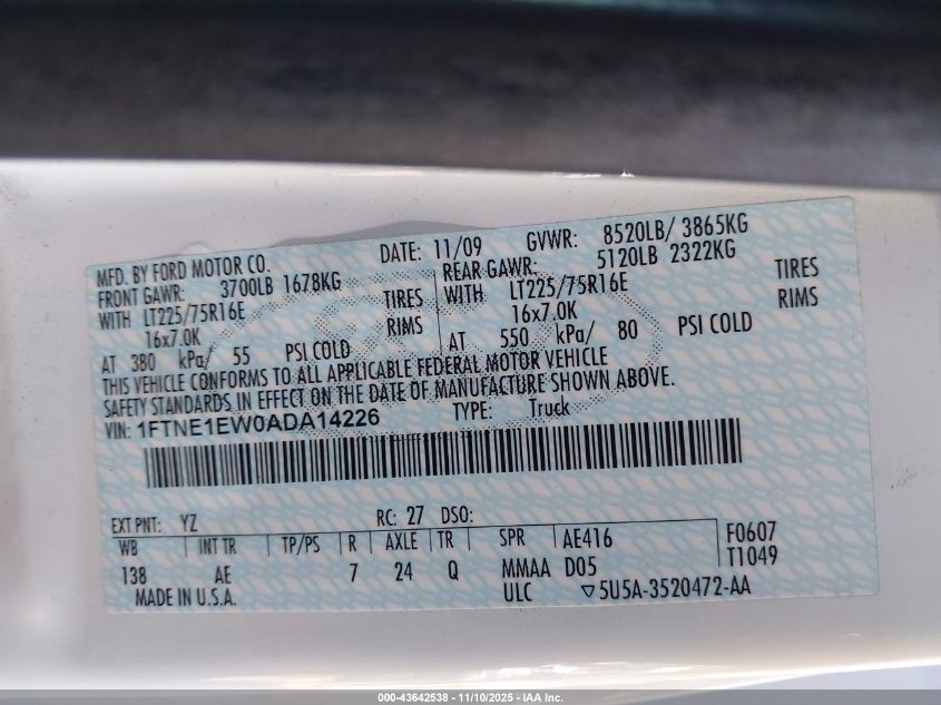 2010 Ford E-150 Commercial/Recreational VIN: 1FTNE1EW0ADA14226 Lot: 43642538