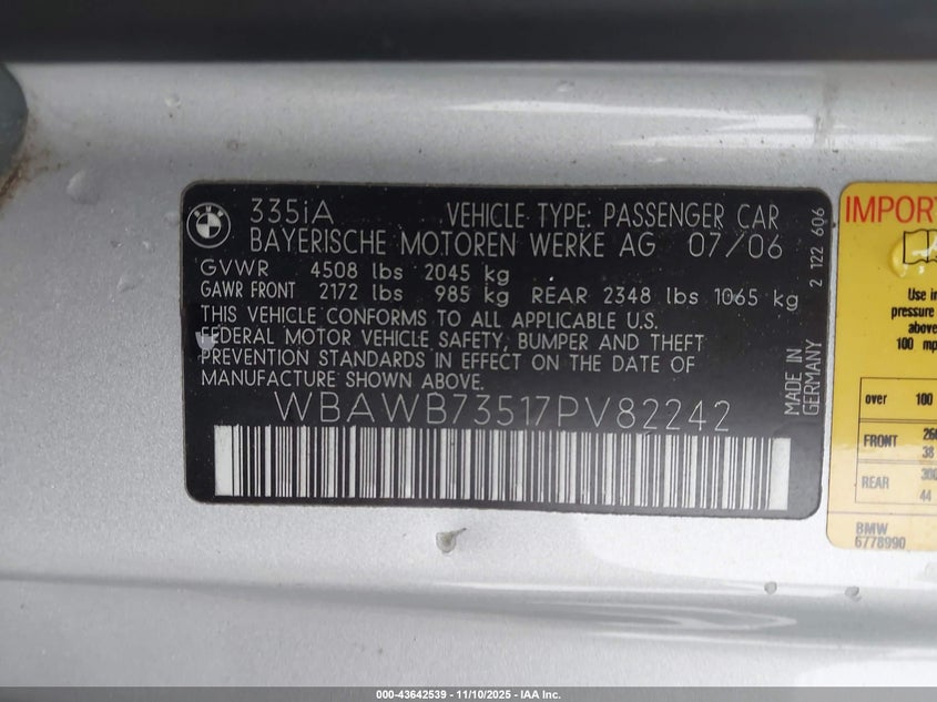 WBAWB73517PV82242 2007 BMW 3ER photo no. 9
