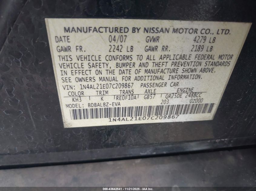 2007 Nissan Altima 2.5 S VIN: 1N4AL21E07C209867 Lot: 43642541