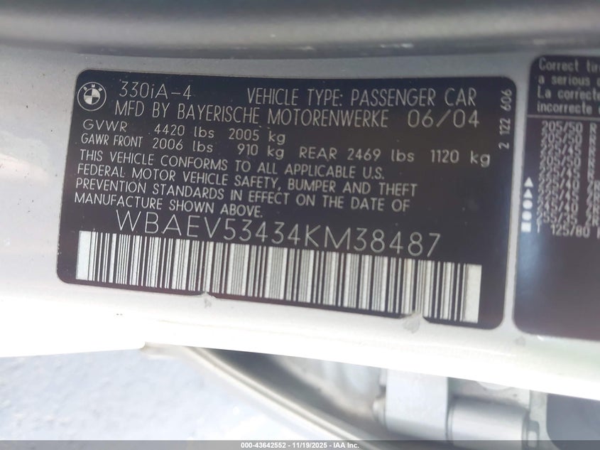 2004 BMW 330I VIN: WBAEV53434KM38487 Lot: 43642552