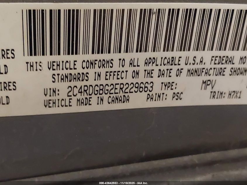 2014 Dodge Grand Caravan American Value Pkg VIN: 2C4RDGBG2ER229663 Lot: 43642553