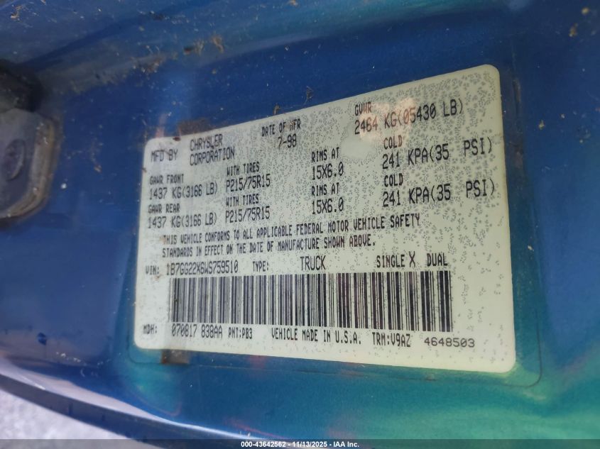 1998 Dodge Dakota Slt/Sport VIN: 1B7GG22X6WS759510 Lot: 43642562