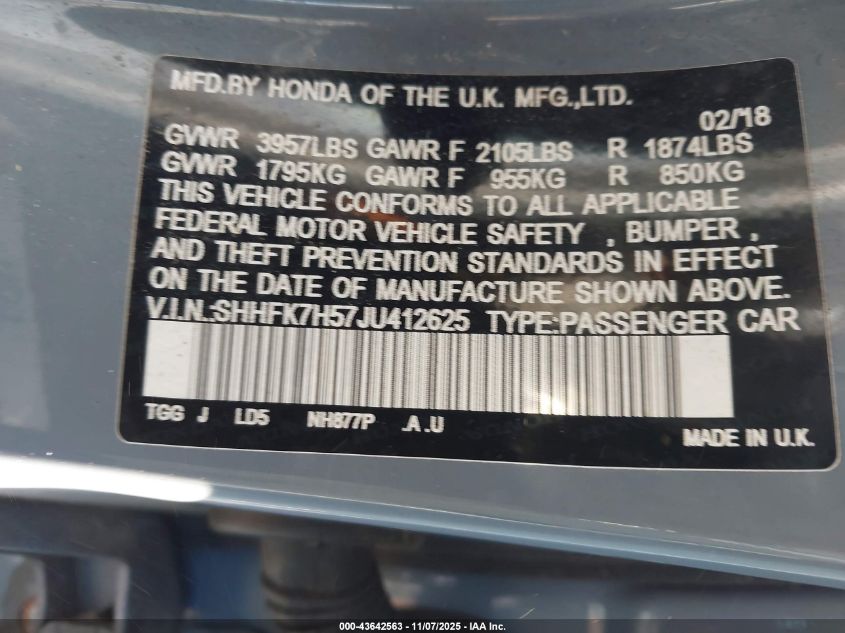 2018 Honda Civic Ex VIN: SHHFK7H57JU412625 Lot: 43642563