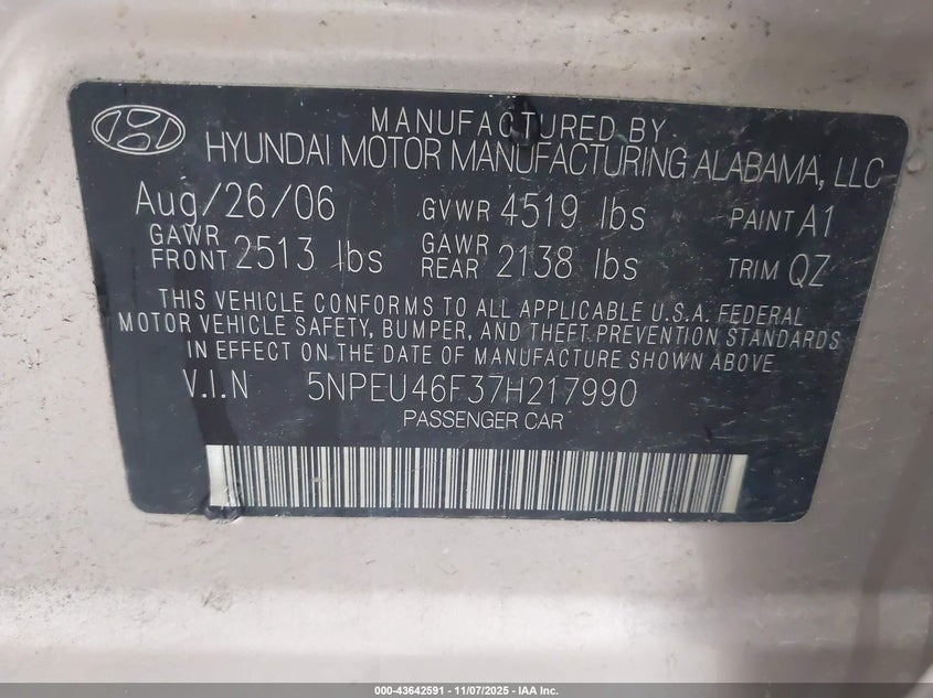 5NPEU46F37H217990 2007 HYUNDAI SONATA photo no. 9