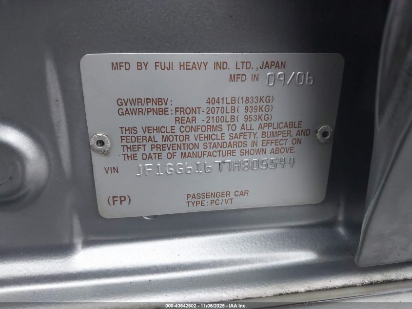 2007 Subaru Impreza 2.5I VIN: JF1GG61677H805544 Lot: 43642602