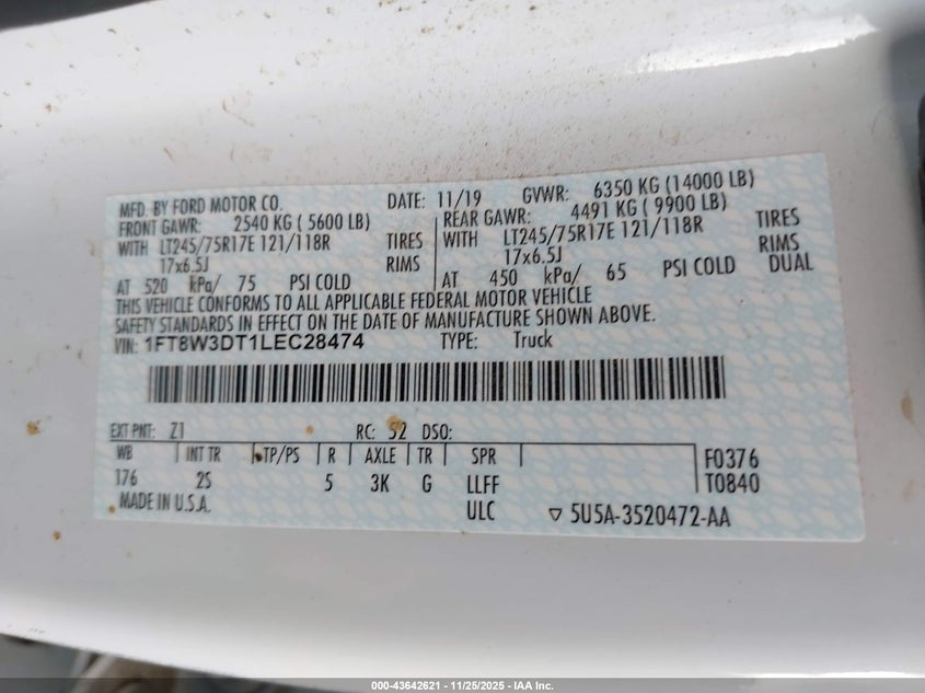 2020 Ford F-350 Xlt VIN: 1FT8W3DT1LEC28474 Lot: 43642621