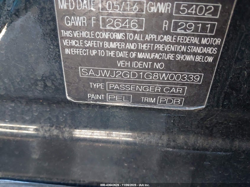 2016 JAGUAR XJ XJL PORTFOLIO SAJWJ2GD1G8W00339