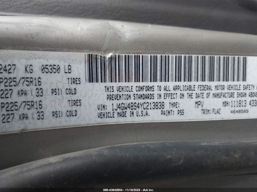 2000 Jeep Grand Cherokee Laredo VIN: 1J4GW48S4YC213838 Lot: 43642654