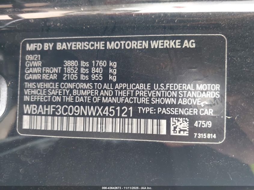 2022 BMW Z4 Sdrive30I VIN: WBAHF3C09NWX45121 Lot: 43642673