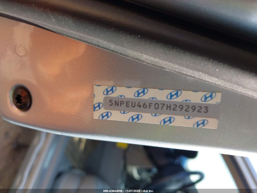 2007 Hyundai Sonata Limited/Se V6 VIN: 5NPEU46F07H292923 Lot: 43642696