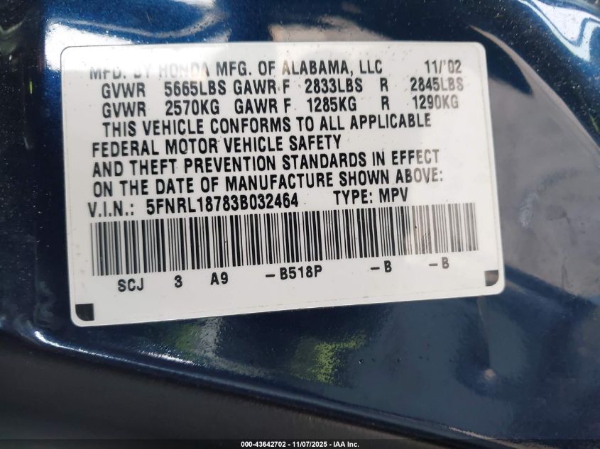 2003 Honda Odyssey Ex-L VIN: 5FNRL18783B032464 Lot: 43642702