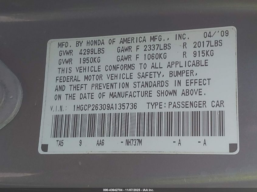 2009 Honda Accord 2.4 Lx VIN: 1HGCP26309A135736 Lot: 43642704