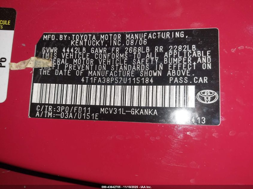 2007 Toyota Camry Solara Sport VIN: 4T1FA38P57U115184 Lot: 43642705