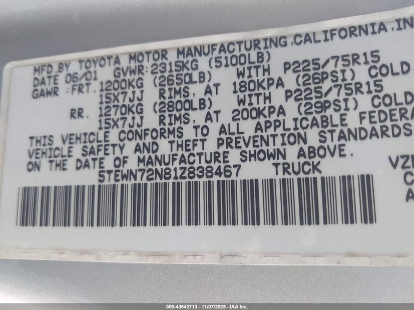 5TEWN72N81Z838467 2001 TOYOTA TACOMA photo no. 9