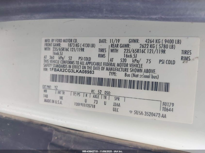 2020 Ford Transit-350 Passenger Van Xl VIN: 1FBAX2CG3LKA08983 Lot: 43642719
