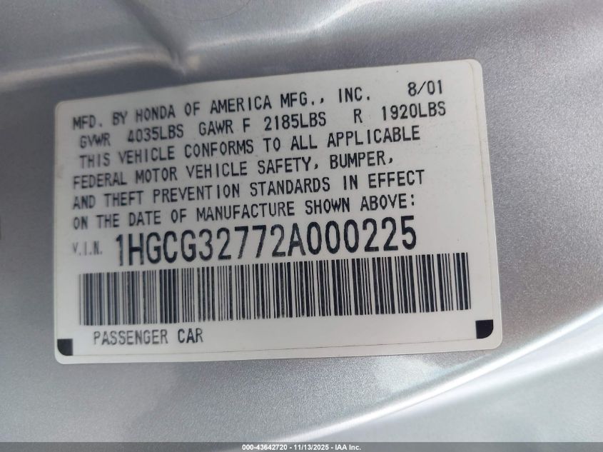 2002 Honda Accord 2.3 Ex VIN: 1HGCG32772A000225 Lot: 43642720
