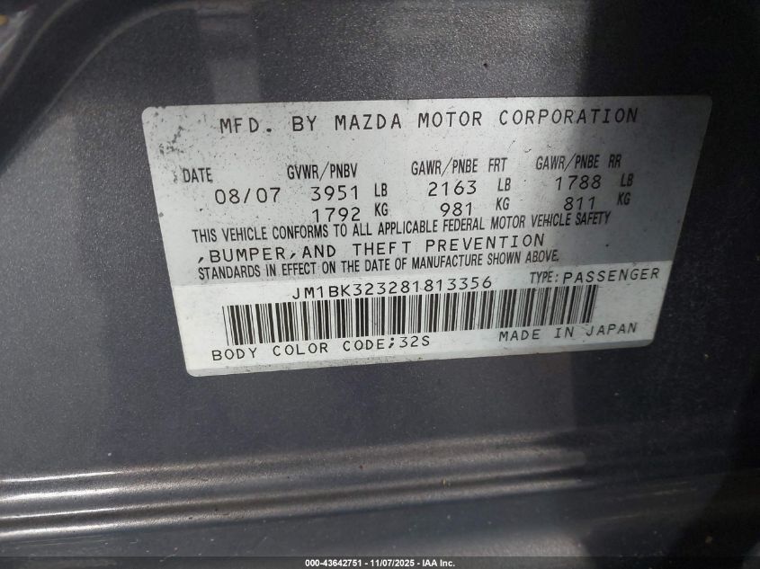 2008 Mazda Mazda3 S Sport VIN: JM1BK323281813356 Lot: 43642751