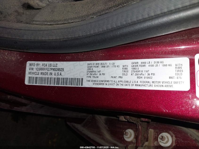 2023 Dodge Ram 1500 VIN: 1CGRRFF67PN539529 Lot: 43642755