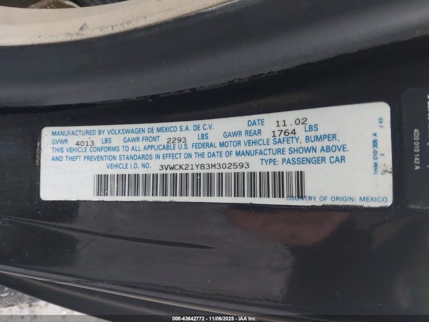 2003 Volkswagen New Beetle Gls VIN: 3VWCK21Y83M302593 Lot: 43642772