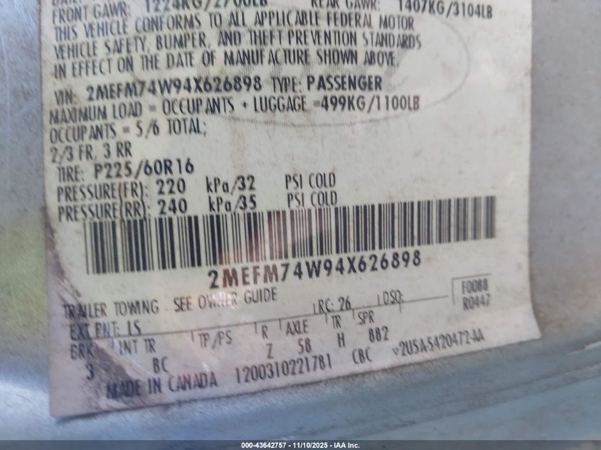 2004 Mercury Grand Marquis Gs VIN: 2MEFM74W94X626898 Lot: 43642757