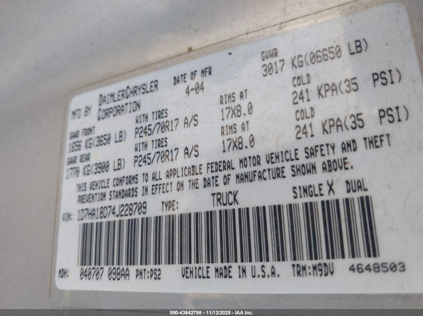 2004 Dodge Ram 1500 Slt/Laramie VIN: 1D7HA18D74J228709 Lot: 43642786