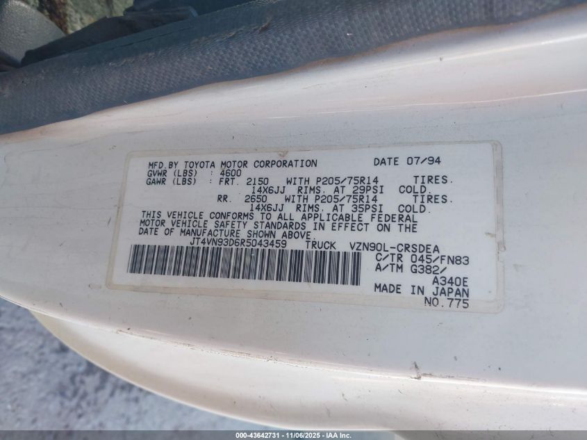 1994 Toyota Pickup 1/2 Ton Ex Lng Whlbase/Dx VIN: JT4VN93D6R5043459 Lot: 43642731