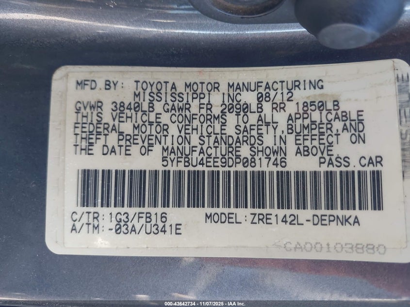 5YFBU4EE9DP081746 2013 TOYOTA COROLLA photo no. 9