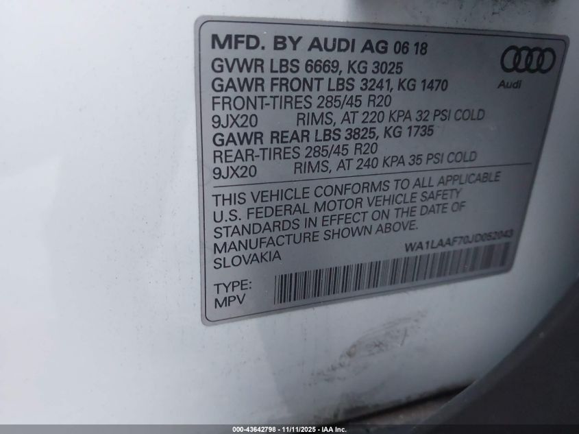 2018 Audi Q7 3.0T Premium VIN: WA1LAAF70JD052043 Lot: 43642798