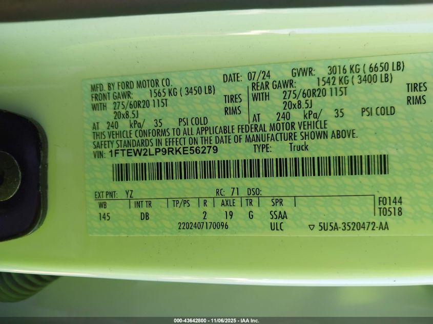 2024 Ford F-150 Stx VIN: 1FTEW2LP9RKE56279 Lot: 43642800