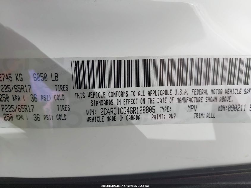 2016 Chrysler Town & Country Touring-L Anniversary Edition VIN: 2C4RC1CG4GR128805 Lot: 43642748