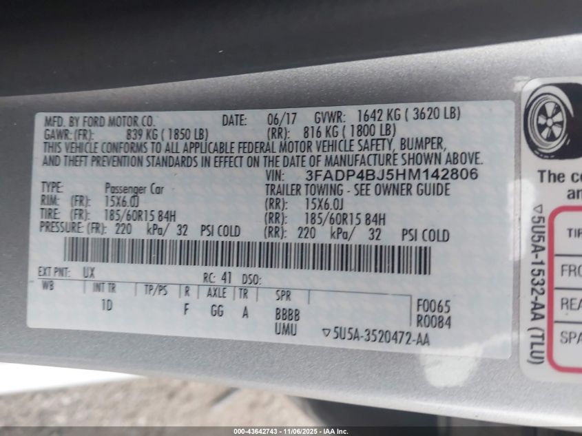 2017 Ford Fiesta Se VIN: 3FADP4BJ5HM142806 Lot: 43642743