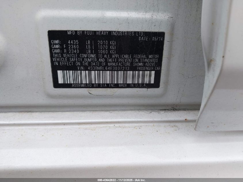 2014 Subaru Legacy 2.5I Limited VIN: 4S3BMBL64E3037213 Lot: 43642822