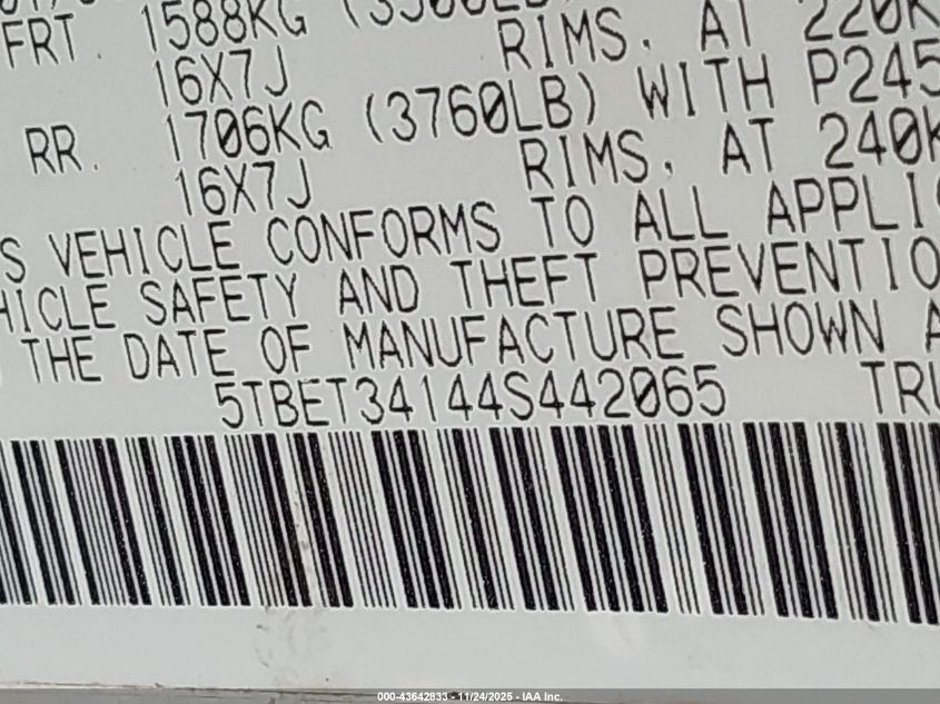 2004 Toyota Tundra Sr5 V8 VIN: 5TBET34144S442065 Lot: 43642833
