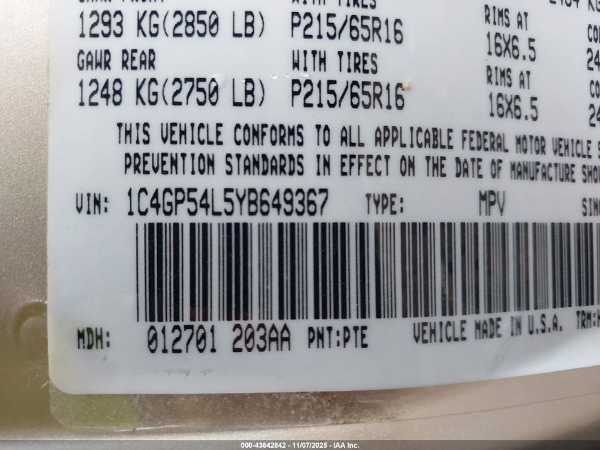 2000 Chrysler Town & Country Lxi VIN: 1C4GP54L5YB649367 Lot: 43642842