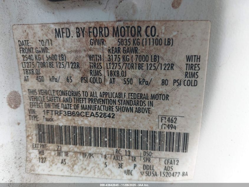 2012 Ford F-350 Xl VIN: 1FTRF3B69CEA52842 Lot: 43642845