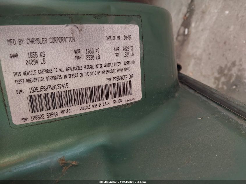 1998 Dodge Stratus Es VIN: 1B3EJ56H7WN137415 Lot: 43642848