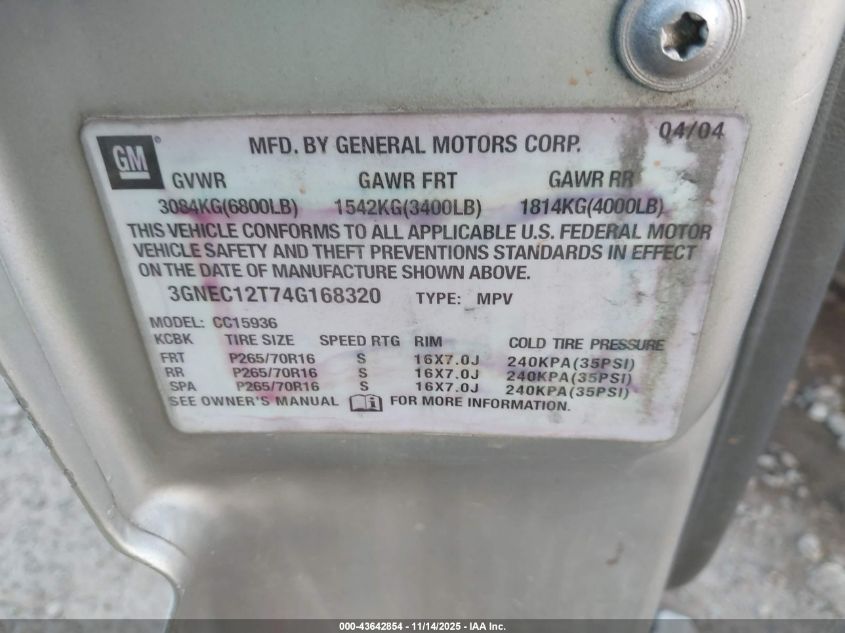 2004 Chevrolet Avalanche 1500 VIN: 3GNEC12T74G168320 Lot: 43642854