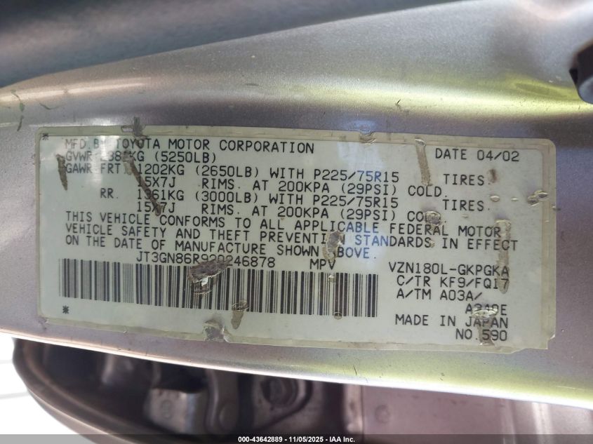 2002 Toyota 4Runner Sr5 V6 VIN: JT3GN86R920246878 Lot: 43642889